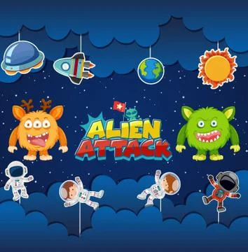 Alien attack poster design with aliens and astronauts Stock Illustration