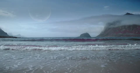 An Alien beach and island with another planet and moon in the distance Stock Footage 255686423