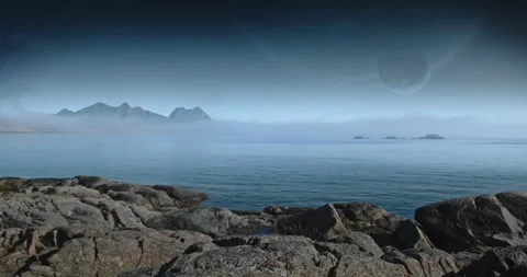 Alien beach and island with another planet and moon in the distance Stock Footage 255686721
