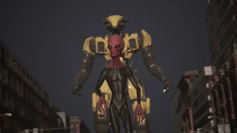 The alien behind the giant mech during the invasion Stock Footage 287214316