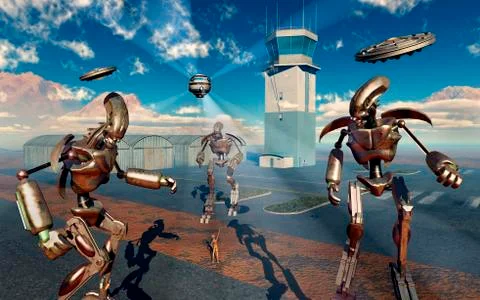 An alien being with giant robots at the Area 51 top secret base in Roswell. 库存插图