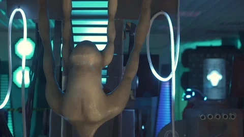 An alien with a big head hangs up in the legs. Concept Scientific laboratory for Stock Footage 98865835