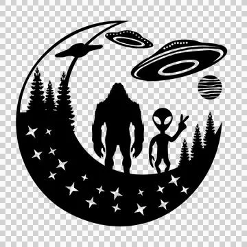 Alien Black Crescent Moon With Scene hovering creature ufo Stock Illustration