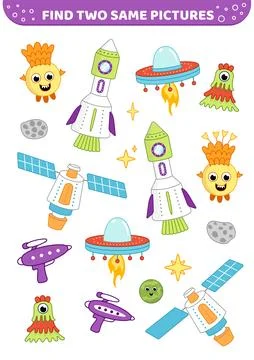 Alien, blaster, flying sauser. Find two same pictures. Game for children Stock Illustration