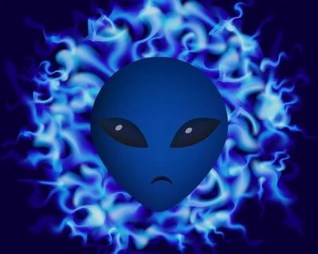Alien blue face on background with fire. Stock Illustration