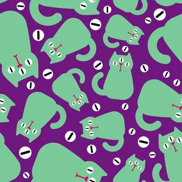 Alien cat Pattern seamless. Pet green monster Background. Baby fabric texture Stock Illustration