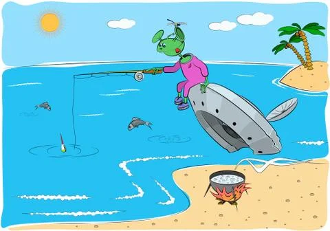 The alien catches fish sitting on the crashed flying saucer. Stock Illustration