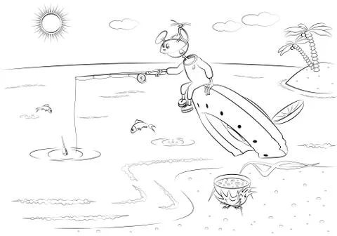 The alien catches fish sitting on the crashed flying saucer. Stock Illustration