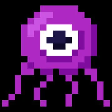 Alien character purple octopus with one eye vector pixel art, space monster Stock Illustration