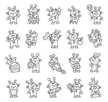Alien character set in outline line art Stock Illustration