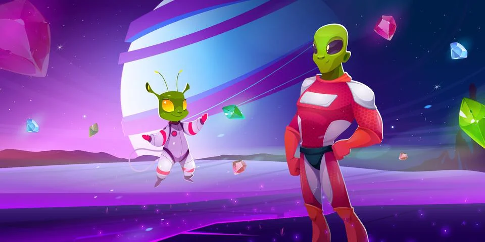 Alien characters in spacesuits on planet surface Illustrazione stock