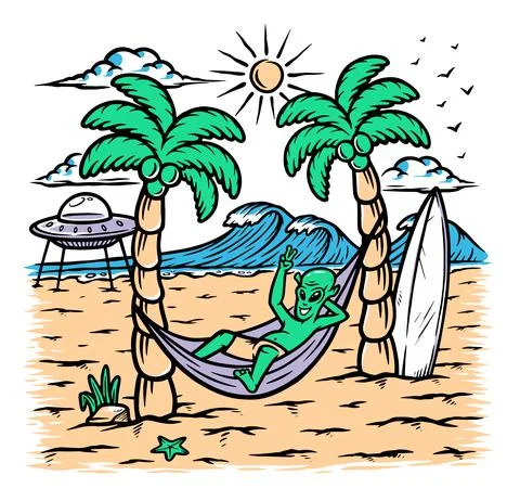 Alien chilling on the beach illustration Stock Illustration