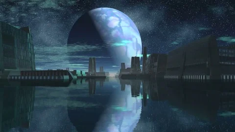 Alien City and the Big Moon Stock Footage 74470699