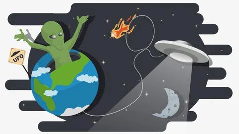 An alien climbs out of the bowels of planet Earth against the background of.. Stock Illustration