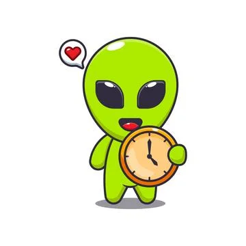 Alien with clock. mascot cartoon character vector illustration. 스톡 일러스트