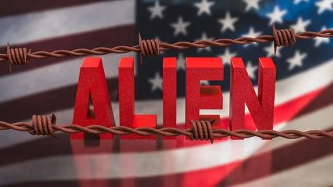 Alien Concept with Barbed Wire Over American Flag Background 3d render. Stock Illustration