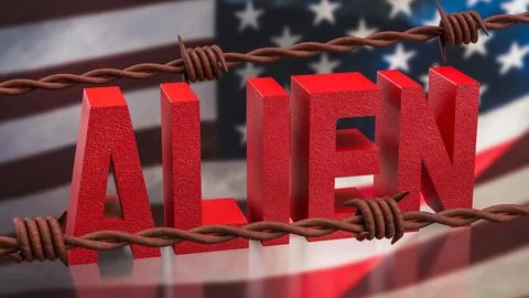 Alien Concept with Barbed Wire Over American Flag Background 3d render. Stock Illustration