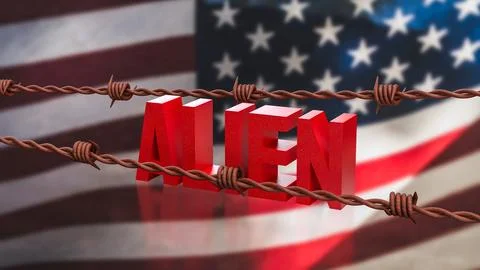 Alien Concept with Barbed Wire Over American Flag Background 3d render. Stock Illustration