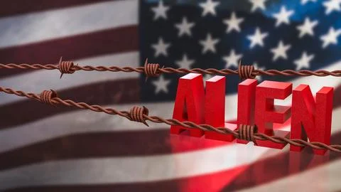 Alien Concept with Barbed Wire Over American Flag Background 3d render. Stock Illustration