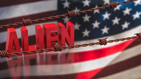 Alien Concept with Barbed Wire Over American Flag Background 3d render. Stock Illustration