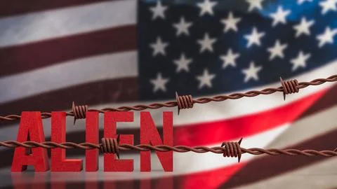 Alien Concept with Barbed Wire Over American Flag Background 3d render. Stock Illustration