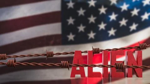 Alien Concept with Barbed Wire Over American Flag Background 3d render. Stock Illustration