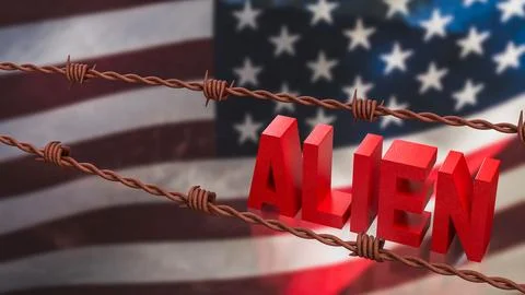 Alien Concept with Barbed Wire Over American Flag Background 3d render. Stock Illustration