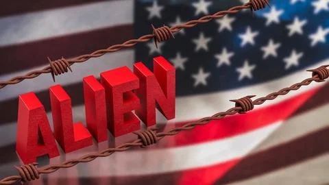 Alien Concept with Barbed Wire Over American Flag Background 3d render. Stock Illustration