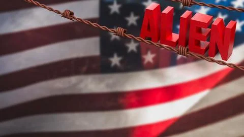 Alien Concept with Barbed Wire Over American Flag Background 3d render. Stock Illustration