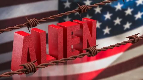 Alien Concept with Barbed Wire Over American Flag Background 3d render. Stock Illustration