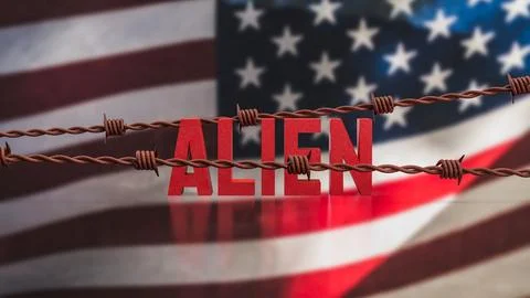 Alien Concept with Barbed Wire Over American Flag Background 3d render. Stock Illustration