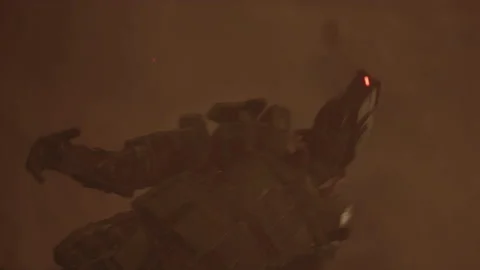 An alien creature attacks the foot of a robot and destroys it 07 Stock Footage 212693719