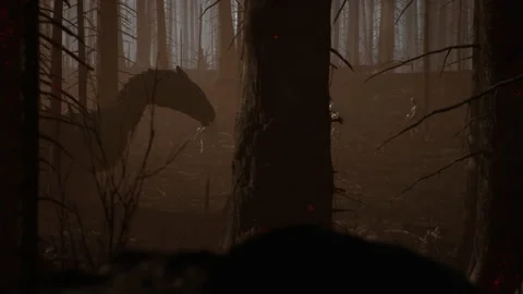 Alien Creature Irval the Wyvern in burning Forest while astronauts walk 05 Stock Footage 227235492