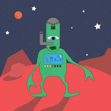 Alien creature on a red star in space. Stockillustratie