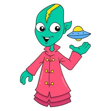 Alien creatures playing with small ufo pesawat, doodle icon image kawaii Stock Illustration