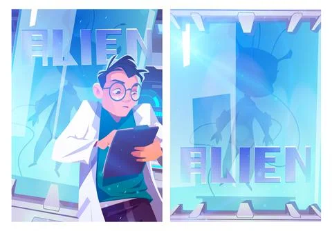 Alien in cryonics capsule cartoon boster Stock Illustration