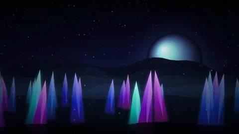 Alien crystal landscape drift with glowing planet and starry night sky loop Vídeos de archivo 343930868