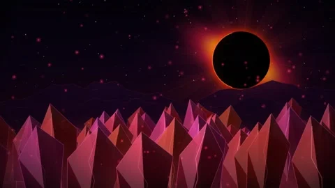 Alien crystal planet landscape with total solar eclipse and mountains loop Stock Footage 343930894
