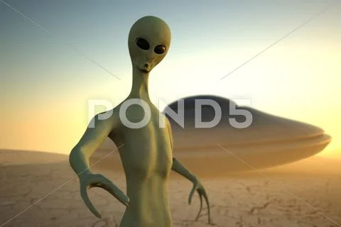 Alien in desert with ufo Stock Illustration
