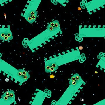 Alien dog green cartoon pattern seamless. UFO pet background. Baby fabric tex 스톡 일러스트