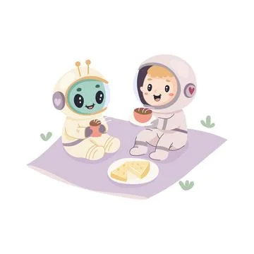 Alien drinking tea with astronaut, cute illustration on white background. Stock Illustration