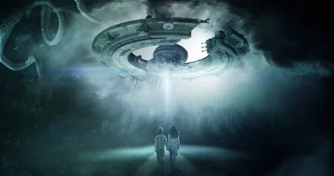 An alien encounter with a UFO hovering in space above two children 動画素材 252816683