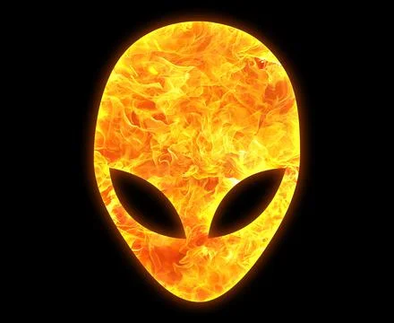 Alien fa outline with a bright fire pattern isolated on a black background Illustrazione stock