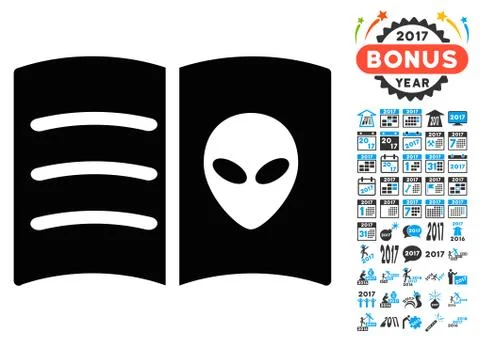Alien Face Book Icon with 2017 Year Bonus Symbols Stock Illustration