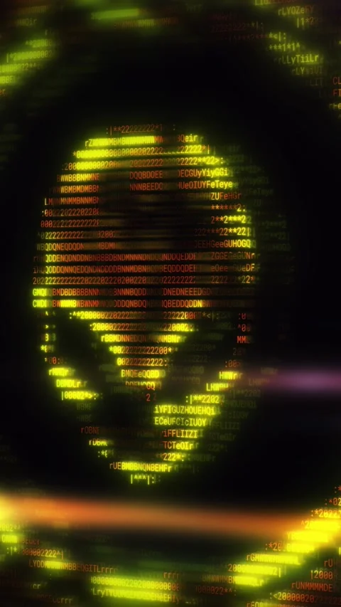 Alien face emerging from binary code on computer screen Stock Footage 343791074