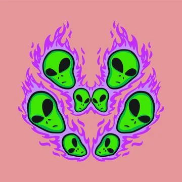 Alien face green floating with fire purple design Stock Illustration