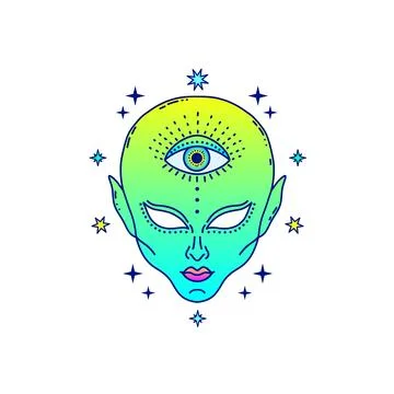 Alien face  with third eye in neon green and blue tones, surrounded by star.. Stock Illustration
