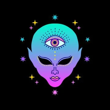 Alien face  with third eye in neon pink and blue tones, surrounded by stars.. Stock Illustration