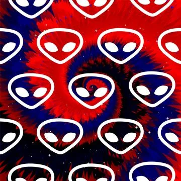 Alien faces,tie dye background.Vector tie dye crazy cartoon character Illustrazione stock