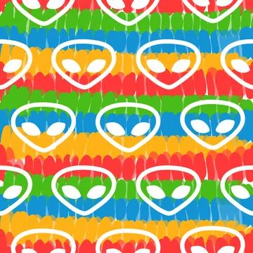 Alien faces,tie dye seamless pattern background.Vector tie dye cartoon character Stock Illustration
